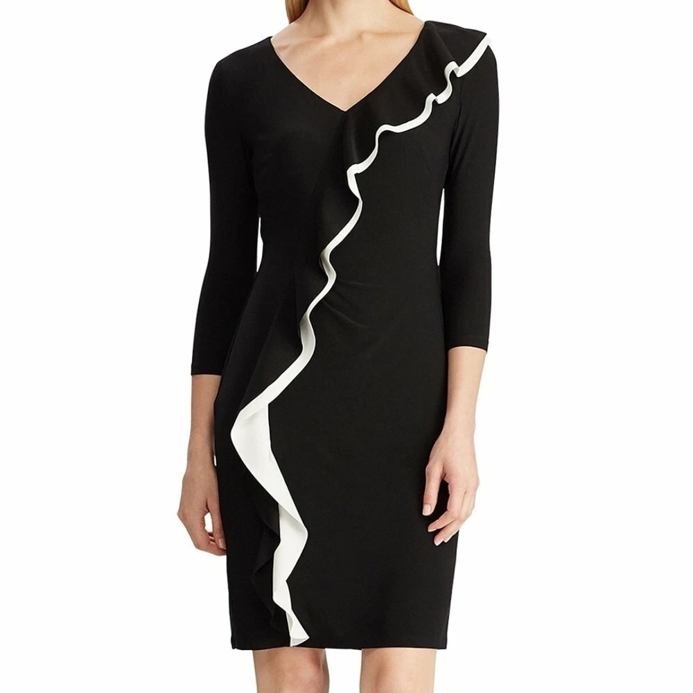 Lauren Ralph Lauren Black/White Ruffle-Trimmed Stretch Jersey Shirred Dress